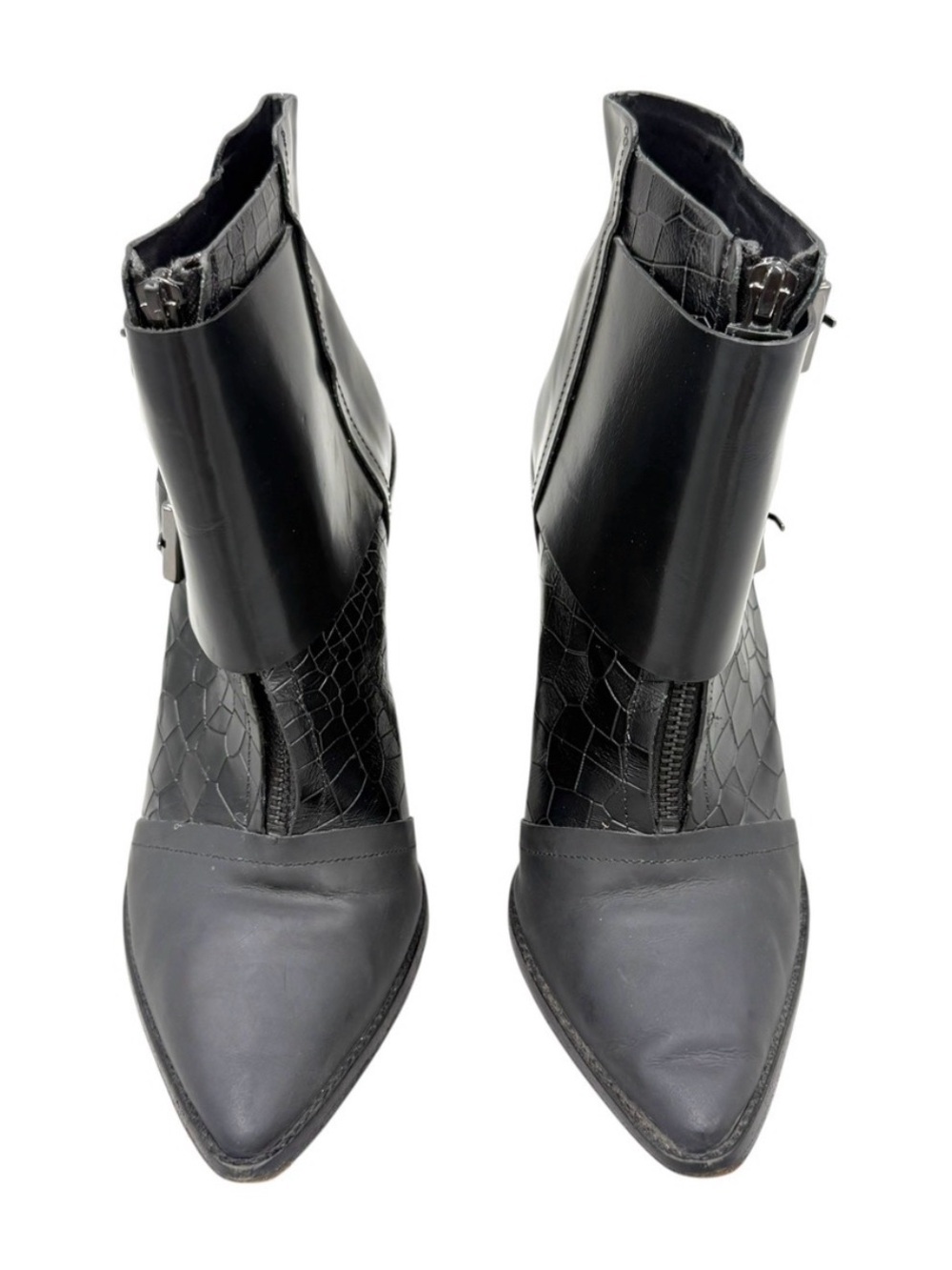 Tibi New York 
Black Leather Crocodile
Embossed Buckle Ankle Boots